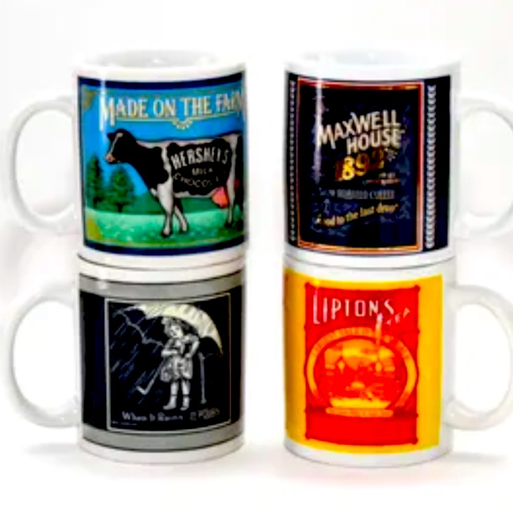 THE TIN BOX COMPANY Vintages Label SET OF 4 Mugs